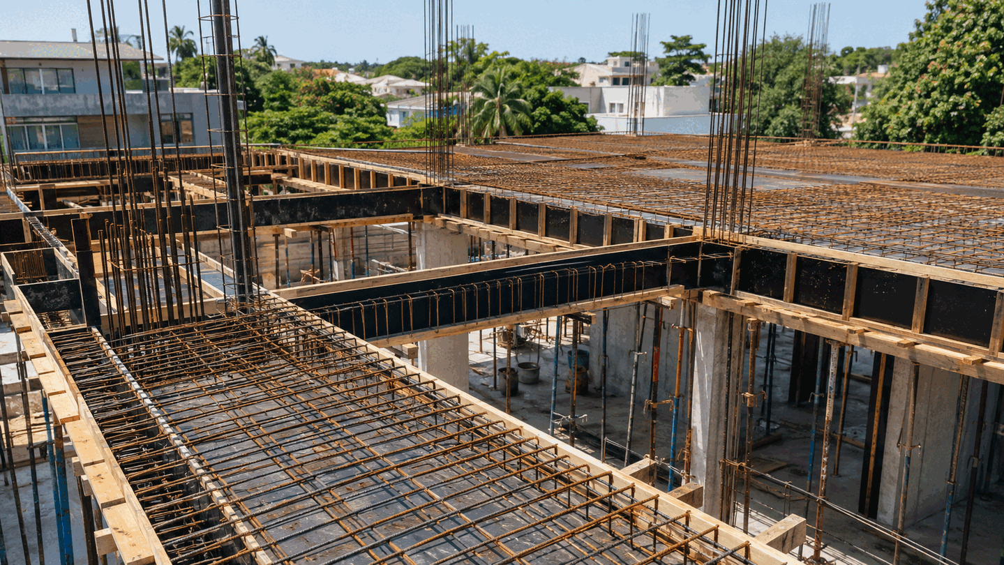 Estrutura residencial em concreto armado com lajes, vigas, pilares, fôrmas e armaduras