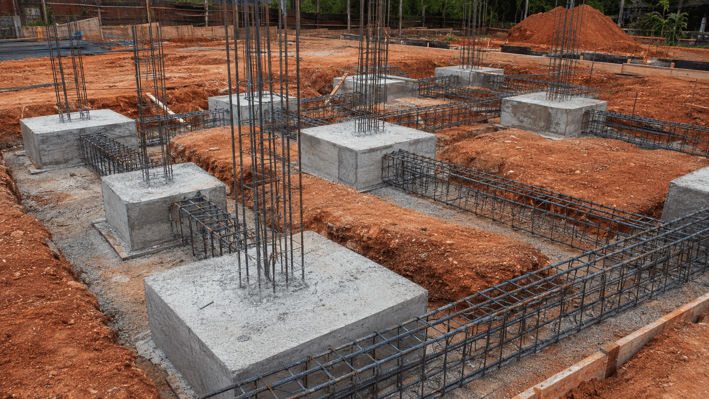 Fundações residenciais com blocos, arranques, vigas baldrame, armaduras e concreto