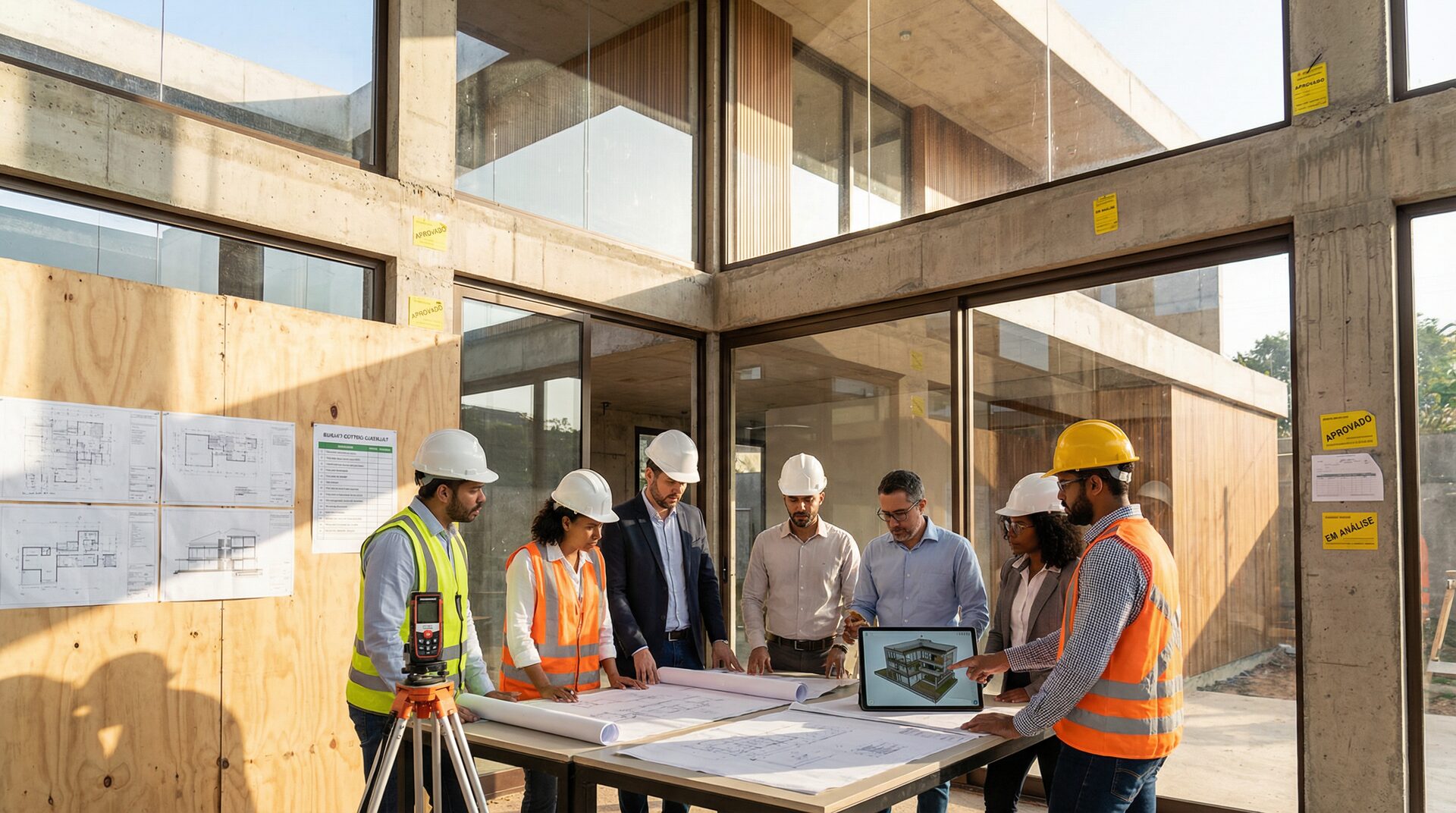 Engenheiros analisando projetos técnicos em uma obra de concreto